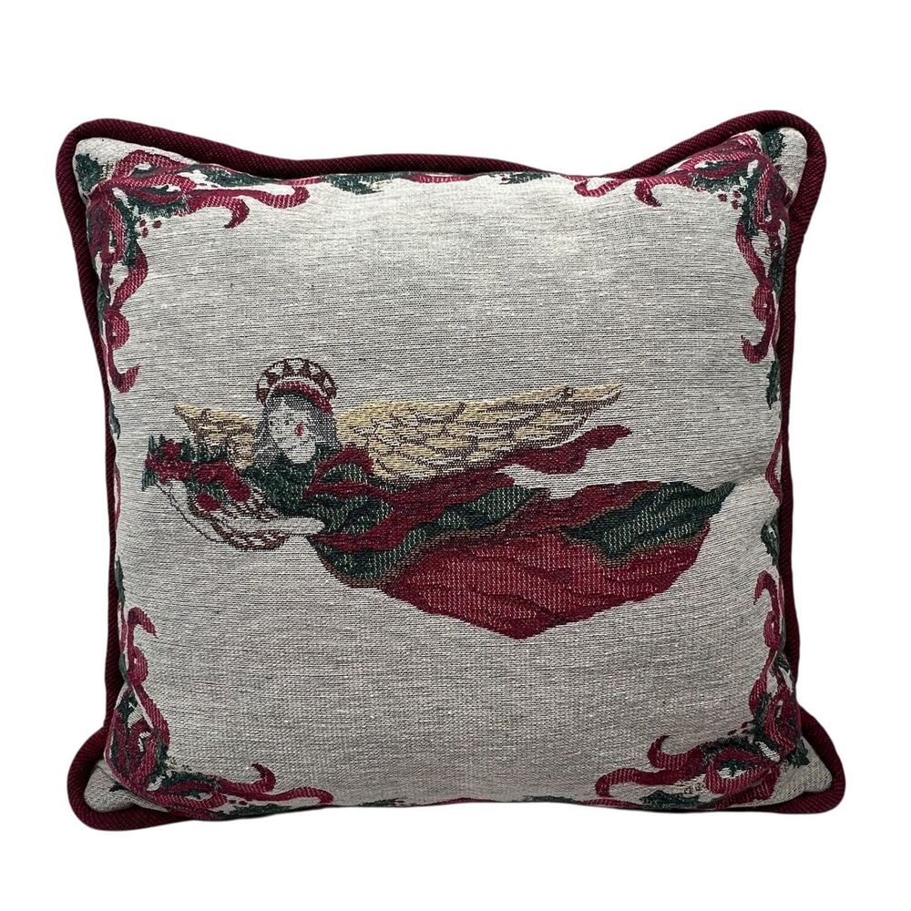 Vintage Angel Tapestry Christmas Throw Pillow 16x16 Holly French Horn